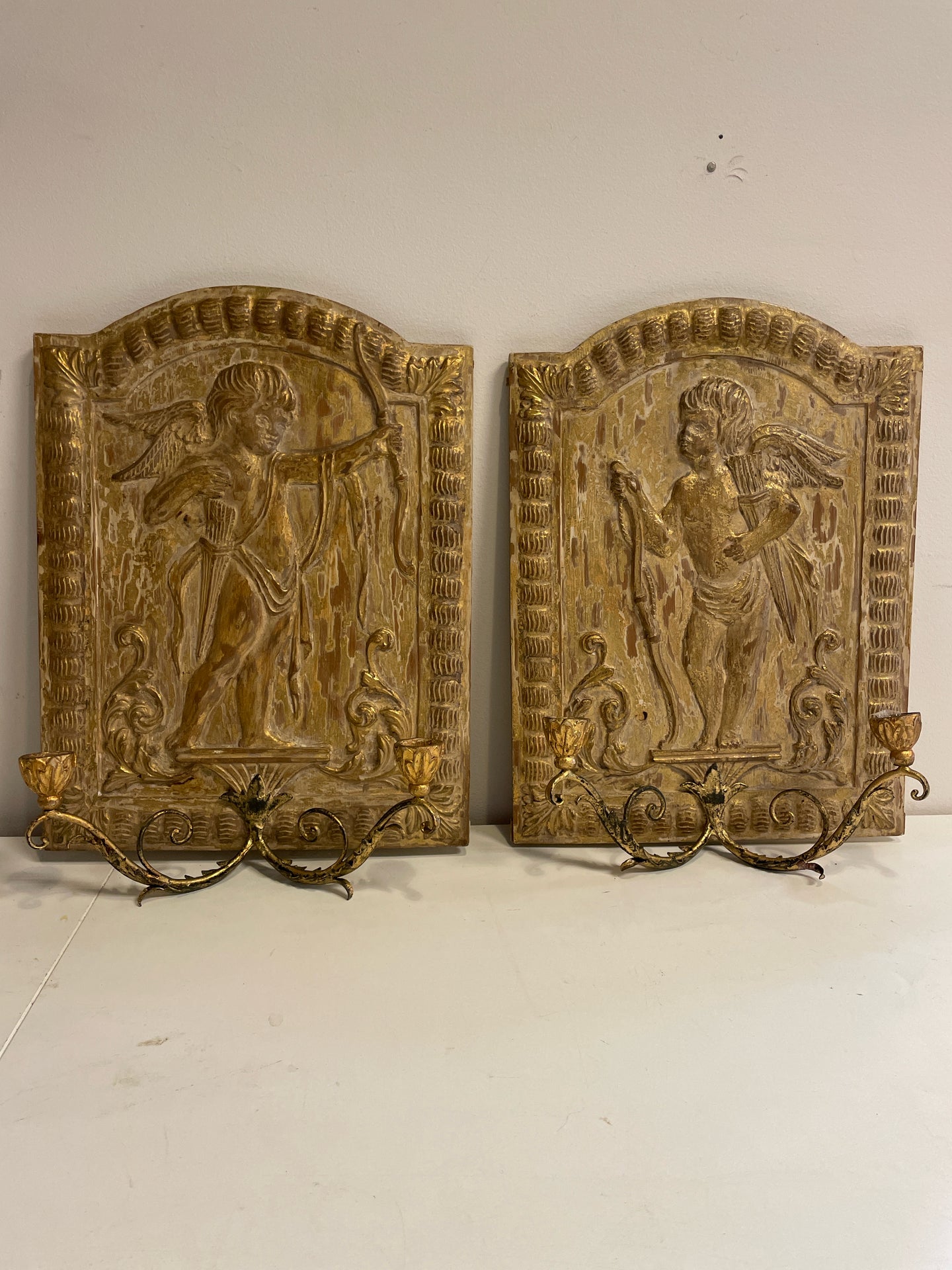 Pair of Gilt Candleholder Wall Plaques Handcarved in Italy