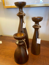 Load image into Gallery viewer, Set of 3 Brown Wood Hourglass Shaped Candleholders
