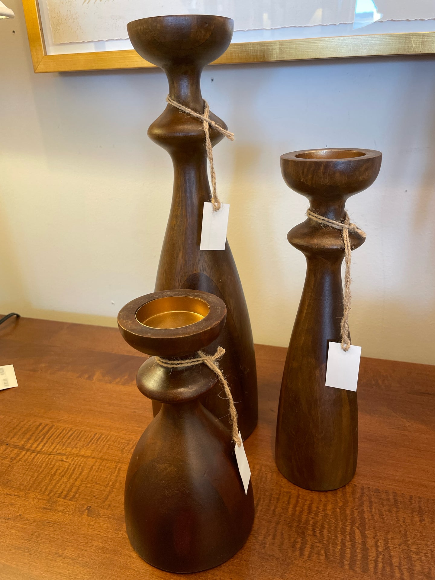 Set of 3 Brown Wood Hourglass Shaped Candleholders