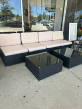 Load image into Gallery viewer, NEW Pair of Woven  Outdoor Chairs with Light Tan  Cushions &amp; Glass Top  Coffee Table

