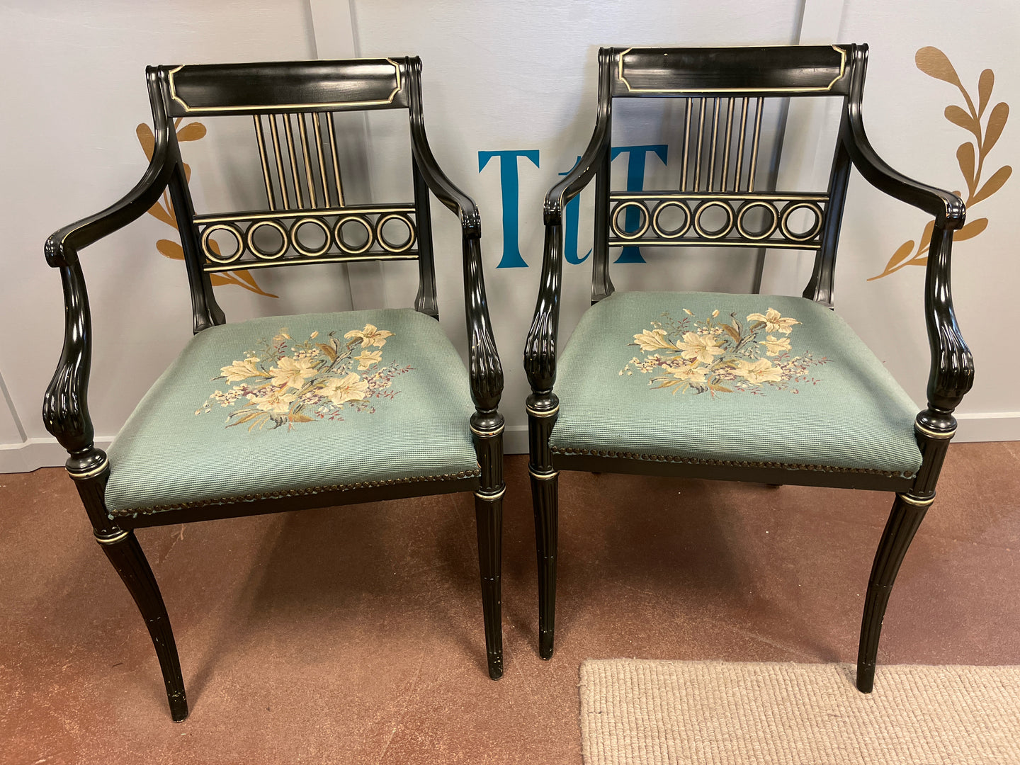 Pair of Regency Style Accent Chairs with Needlepoint Seats