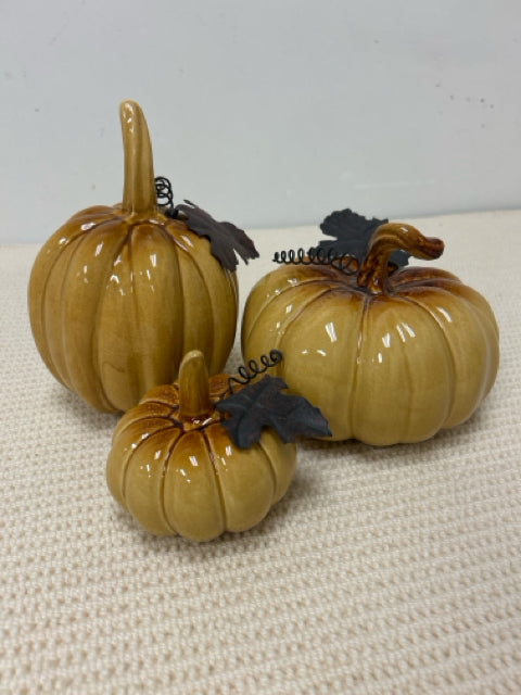 Set of 3 Mustard Colored  Ceramic Pumpkins
