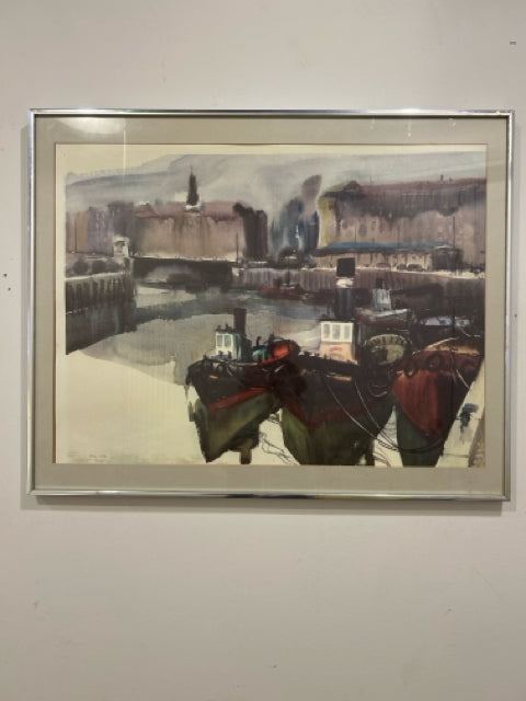 Framed Watercolor Print of Tugboats  by Ortiz Balbao