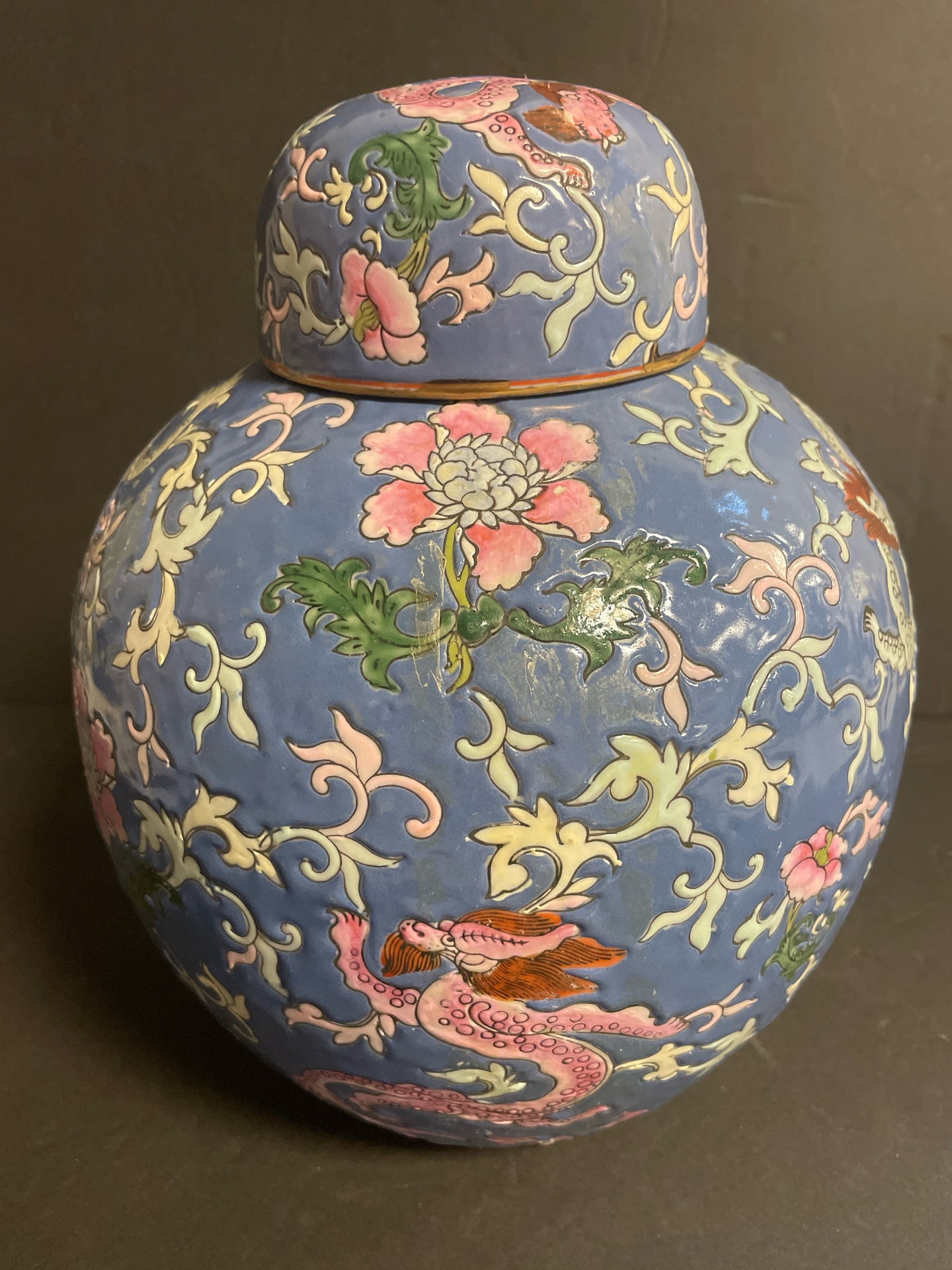 Floral Lidded Ginger Jar with Dragons