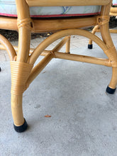 Load image into Gallery viewer, Pair of Vintage Bent Bamboo/Rattan Arm Chairs with Cushions Featuring Birds &amp; Reed Upholstery
