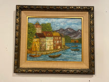 Load image into Gallery viewer, Original Painting of Houses &amp; Mountains on Shore  by Lou Ann Mulholland, signed
