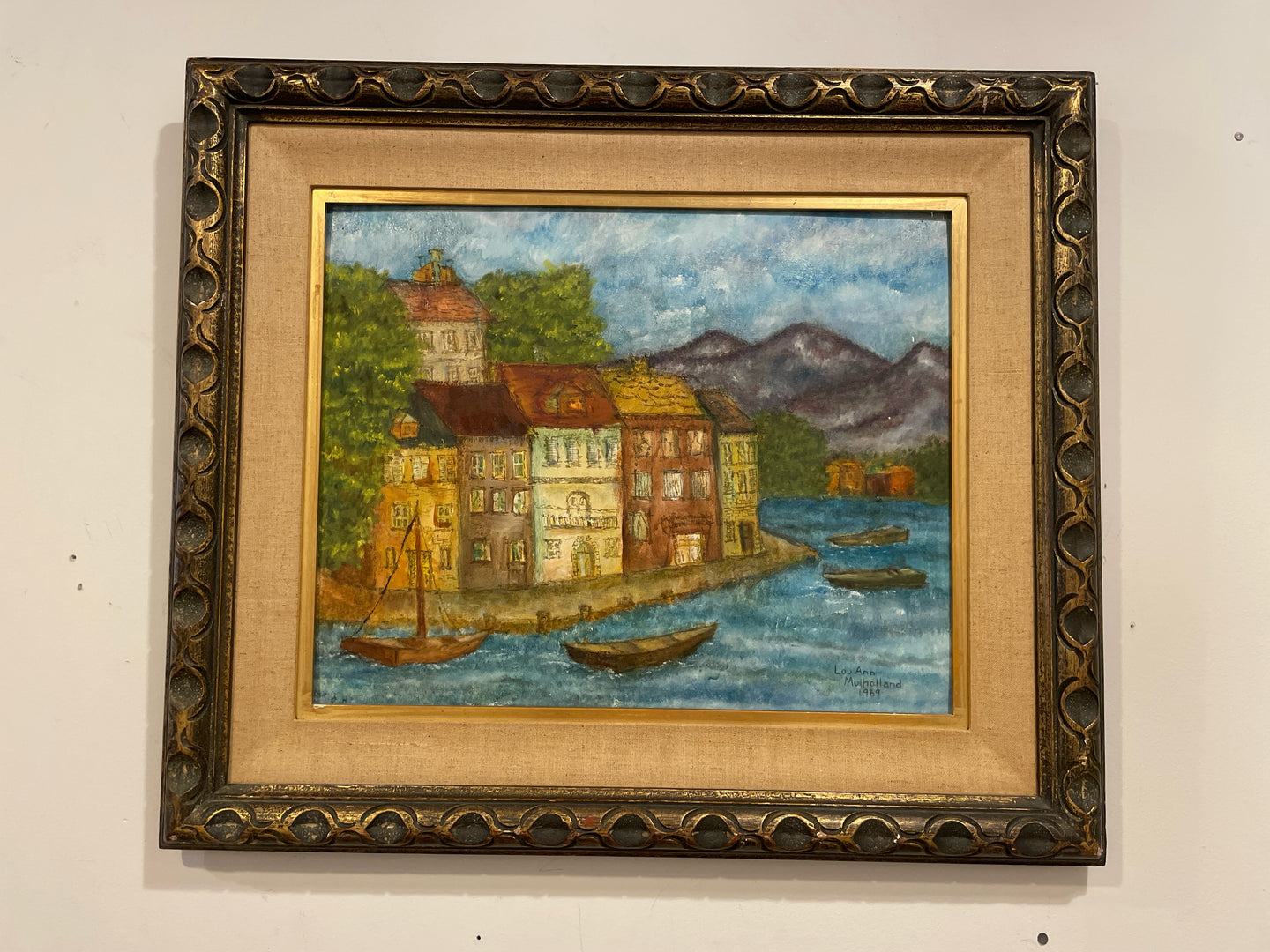 Original Painting of Houses & Mountains on Shore  by Lou Ann Mulholland, signed