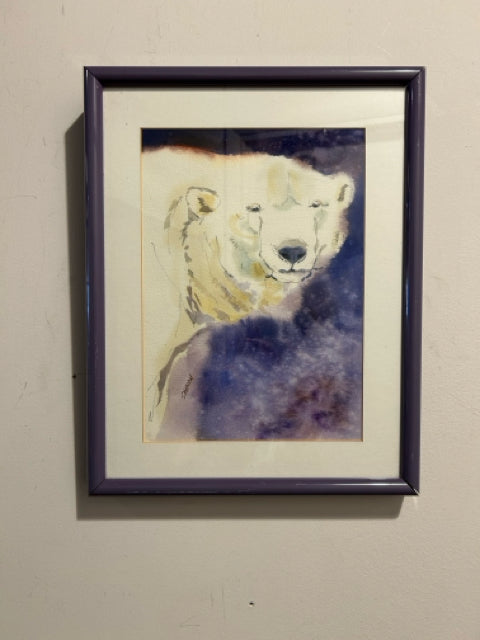 Framed Watercolor of Polar Bear by Sharon Stolzenberger, signed