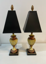 Load image into Gallery viewer, Pair of Painted Carved Wood Lamps with  Black Shades
