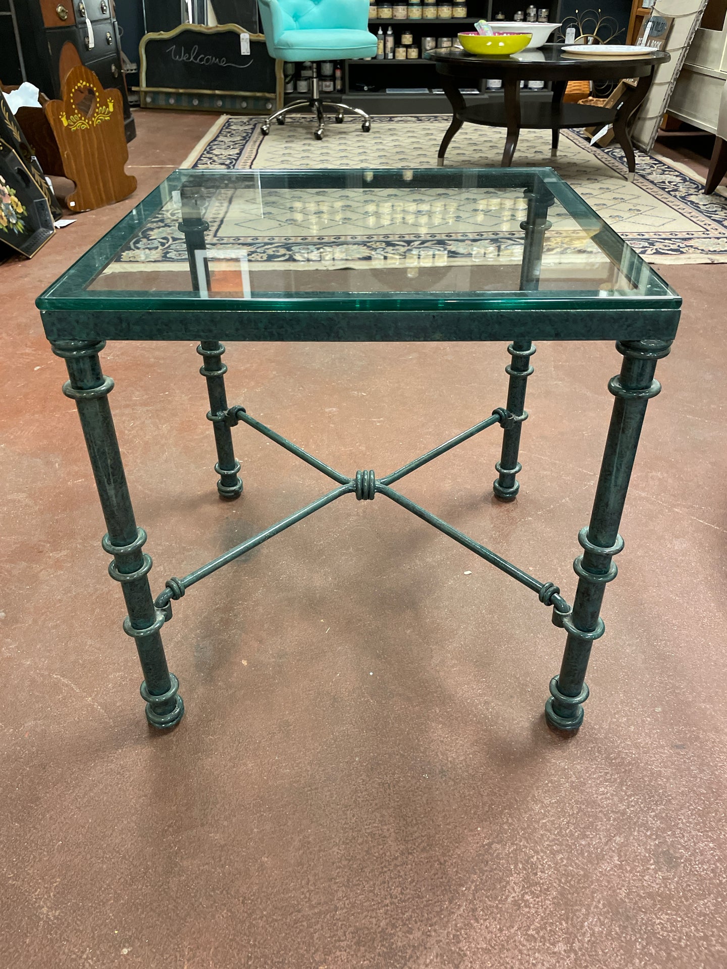Green Iron Glass Top Side Table