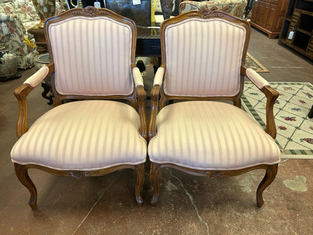 Pair of Louis XV Style Arm Chairs with Blush Upholstery