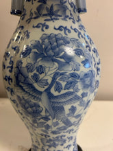 Load image into Gallery viewer, Blue &amp; White Ceramic Lamp with  Blue Trimmed Shade
