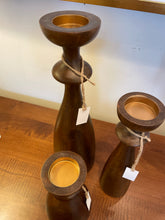 Load image into Gallery viewer, Set of 3 Brown Wood Hourglass Shaped Candleholders
