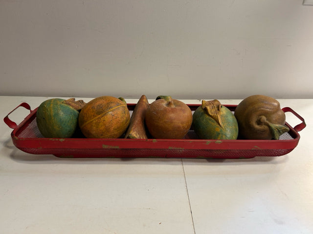 Red Metal Mesh Basket with 6 Large Ceramic Fruit