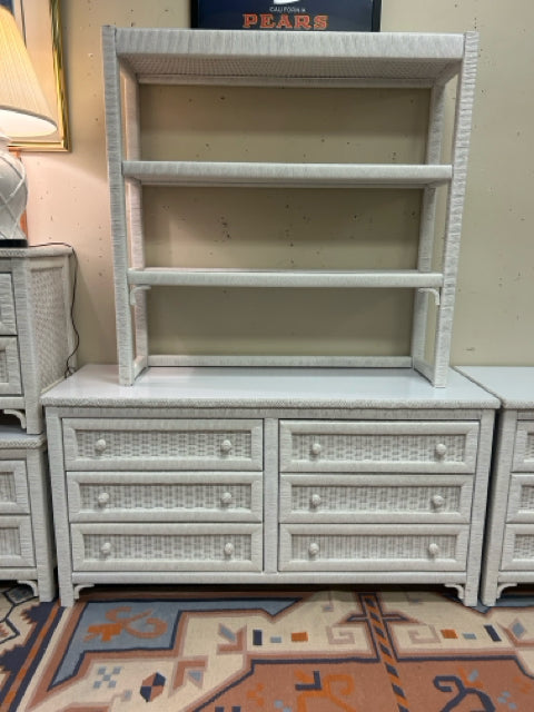 Six Drawer White Wicker Dresser with Laminate Top &  Hutch from Henry Link