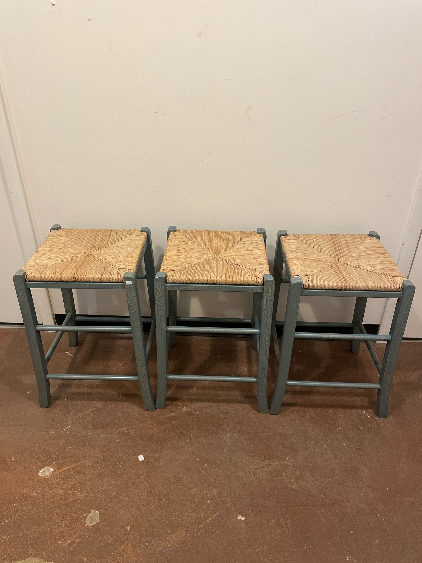 Set of 3 Crackled Finished Bar Stools with Rattan Seats