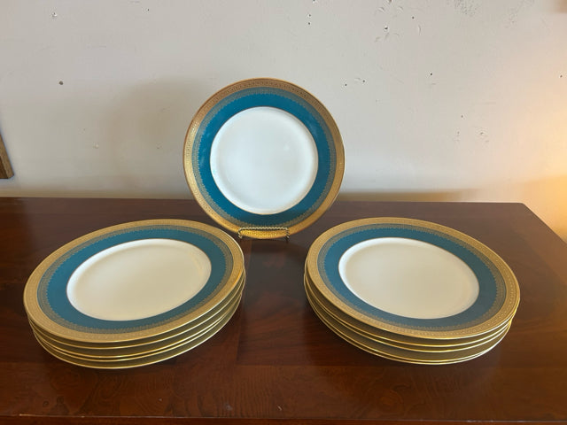 Eleven Turquoise & Gold Dinner Plates from Superieur Limoges France