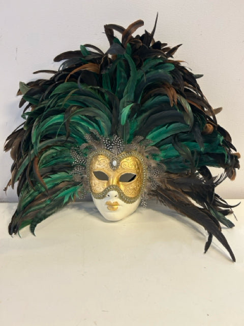 Hand Painted Venezia Mask with Green & Black Feathers made in Italy