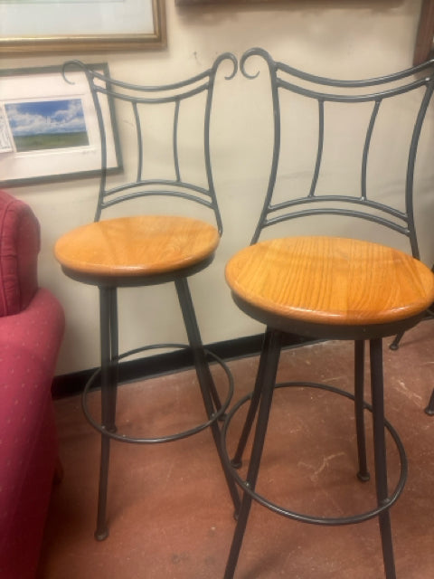 Pair of Iron Swivel  Barstools with Wood Seats