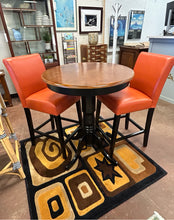 Load image into Gallery viewer, Bistro Table with Black Base &amp; Pair of Dark Orange Leather Stools from Crate and Barrel

