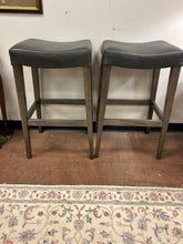 Load image into Gallery viewer, Pair of &quot;Vail Saddle&quot; Barstools in Greyland Maple with &quot;Pewter&quot;  Leather Seats from Bassett Furniture
