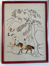 Load image into Gallery viewer, Crewel Embroidered Asian Warriors &amp; Two Horses
