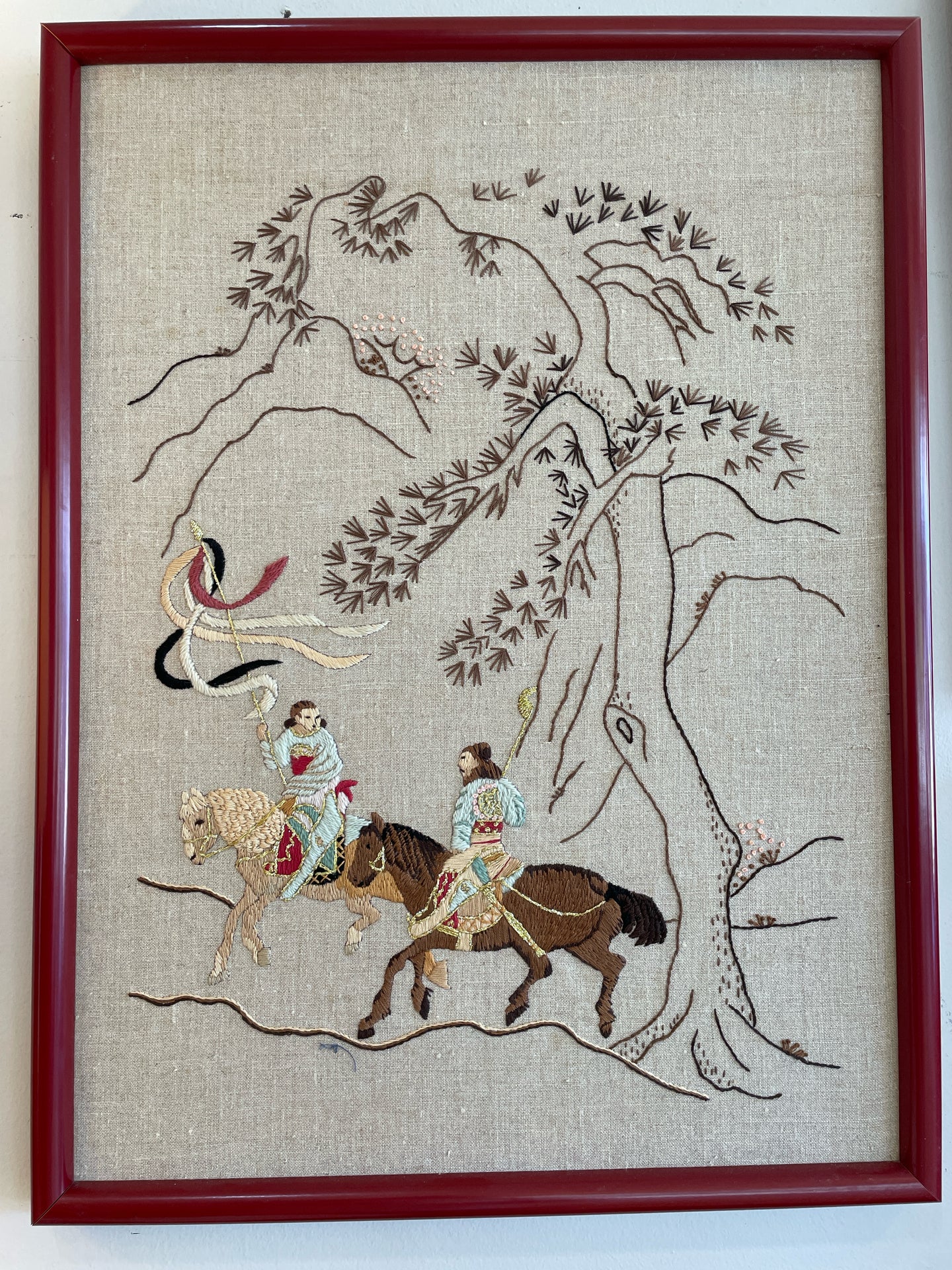 Crewel Embroidered Asian Warriors & Two Horses