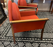 Load image into Gallery viewer, Pair of MCM Lounge Chairs with Dark  Burnt Orange Wool Upholstery and Polished Wood Arms
