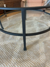 Load image into Gallery viewer, Two Tiered Black Iron Framed Glass Coffee Table
