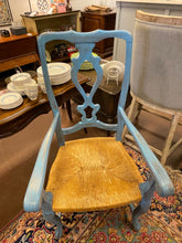 Load image into Gallery viewer, Two Blue Painted Rush Seat Arm Chairs

