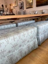 Load image into Gallery viewer, Custom Upholstered Sea Foam Green Bench on Wheels
