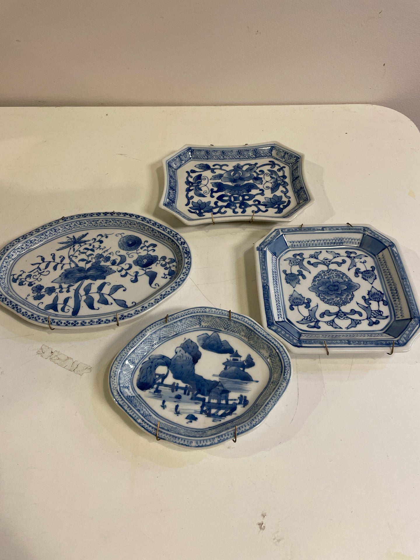 Set of 4 Small Blue & White Porcelain Display Plates with Hanging  Wires