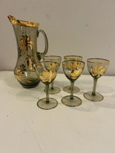 Load image into Gallery viewer, MCM Smoked Glass Pitcher &amp; 5 Glasses with  Gold Detailing made in Hungary
