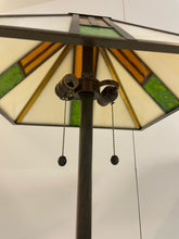 Load image into Gallery viewer, Pair of Tiffany Style Table Lamps with Mission Style Lamp Shades &amp; Bronze Base
