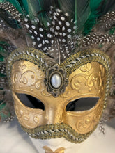 Load image into Gallery viewer, Hand Painted Venezia Mask with Green &amp; Black Feathers made in Italy
