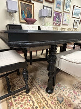 Load image into Gallery viewer, Black Painted Dining Room Table, 4 Upholstered Side Chairs &amp; Two Wood Framed Head Chairs with Three 11&quot; Leaves
