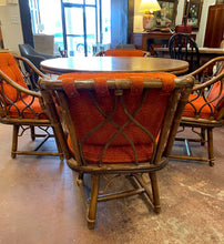 Load image into Gallery viewer, Game/ Dining Table,4 MCM Bamboo Style Arm Chairs with Orange Upholstered Cushions

