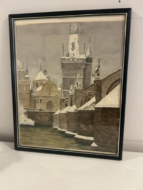 Framed Watercolor of Charles Bridge in Prague Covered in Snow