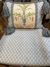 Load image into Gallery viewer, Vintage Bamboo-Style Armchair with Upholstered Seat and Tassled Pillow
