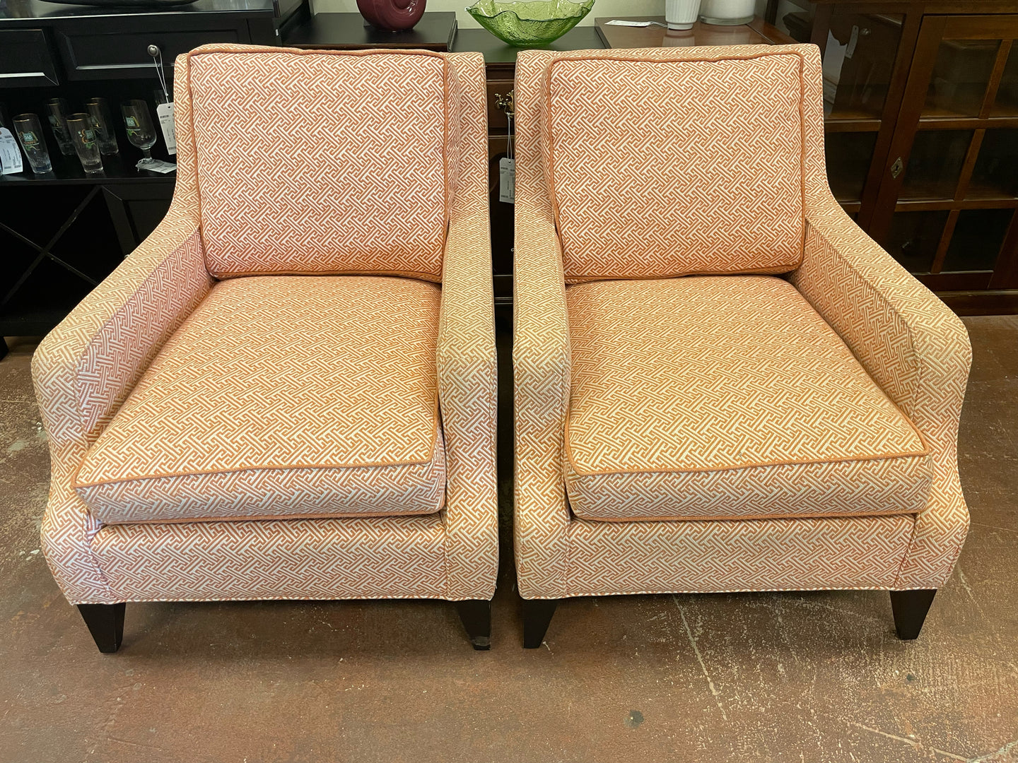 Pair of Orange & Cream Upholstered Arm Chairs from Ethan Allen