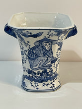 Load image into Gallery viewer, Vintage Blue and White Chinoiserie Vase with "Speak No Evill" &amp; "Hear No Evil" Monkeys
