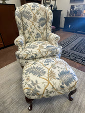 Load image into Gallery viewer, Custom Floral Queen Anne Style Upholstered Wing Back Chair with Ottoman

