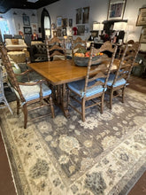 Load image into Gallery viewer, Dining Table &amp; 6 Ladder Back Chairs with  Rush Seats &amp; Cushions (2 arm, 4 side), Three Leaves &amp; Pads
