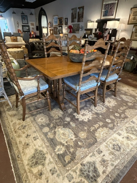 Dining Table & 6 Ladder Back Chairs with  Rush Seats & Cushions (2 arm, 4 side), Three Leaves & Pads