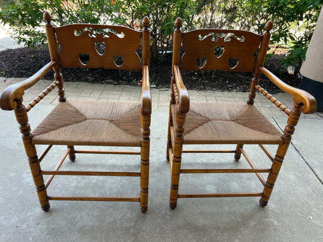 Pair of Vintage Turned Wood & Rattan Arm Chairs with Cutout Backs