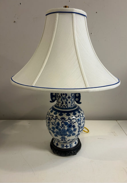 Blue & White Ceramic Lamp with Blue Trimmed Shade