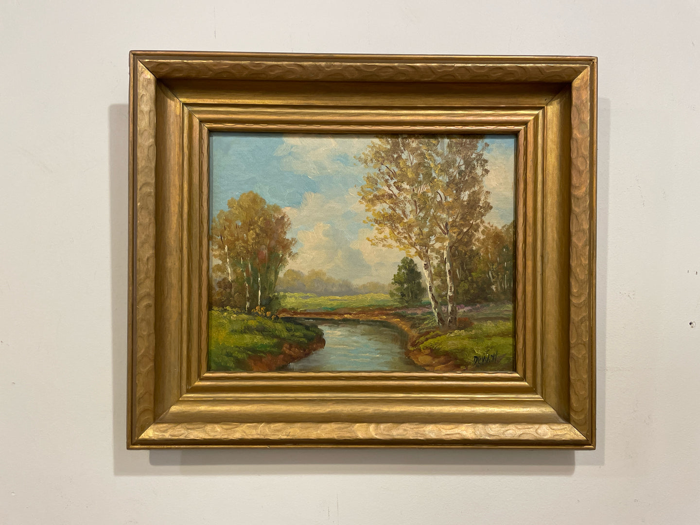 Landscape Painting with River & Trees in Gold Frame