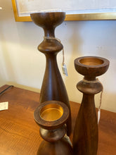 Load image into Gallery viewer, Set of 3 Brown Wood Hourglass Shaped Candleholders
