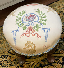 Load image into Gallery viewer, Upholstered Foot Stool with Carved Wood Base
