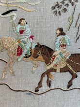 Load image into Gallery viewer, Crewel Embroidered Asian Warriors &amp; Two Horses
